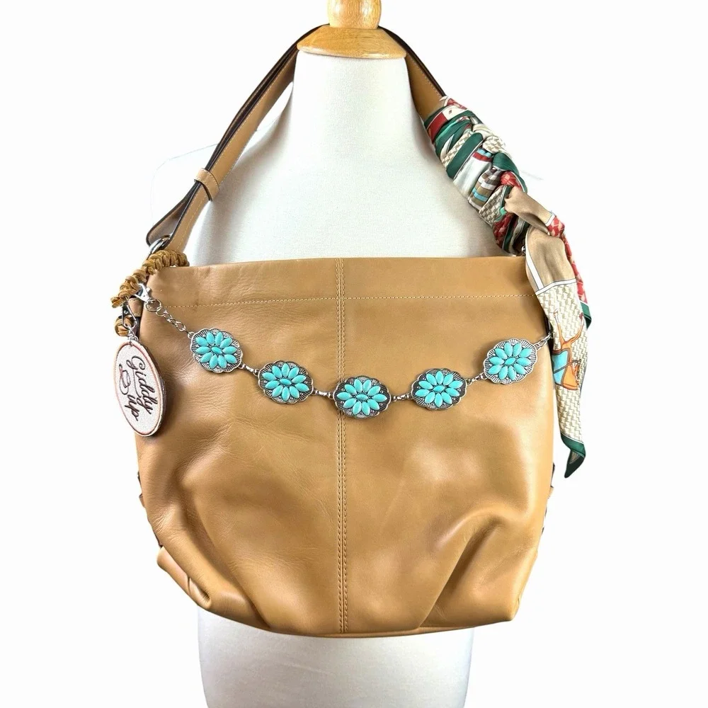 Coach Vintage Large Tan Brown Leather Classic Shoulder Satchel Purse Bag Charms